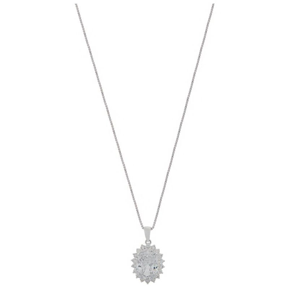 Sterling Silver 925 Sunburst Oval Cut Clear Crystal Pendant Necklace